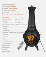 Chiminea, 45,72 cm utendørs vedfyrt bålplass, sfærisk peis for grilling og oppvarming, utendørs bålplass i tre med grillnett, skorsteinsbelegg og rustbestandig skorsteinslokk, for terrasse, hage, bakgård