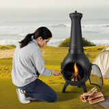 Chiminea, 45,72 cm utendørs vedfyrt bålplass, sfærisk peis for grilling og oppvarming, utendørs bålplass i tre med grillnett, skorsteinsbelegg og rustbestandig skorsteinslokk, for terrasse, hage, bakgård