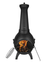 Chiminea, 45,72 cm utendørs vedfyrt bålplass, sfærisk peis for grilling og oppvarming, utendørs bålplass i tre med grillnett, skorsteinsbelegg og rustbestandig skorsteinslokk, for terrasse, hage, bakgård