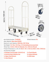 U-båt plattformtralle, 907,18 kg lastekapasitet, kraftig ståltralle, industriell håndskyvetruck med seks hjul og doble avtakbare håndtak, for lager, 1525 x 410 x 1510 mm