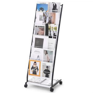 Brosjyrestativ, 6-etasjes magasin- og litteraturutstillingsstativ, gulvstående magasinstativ, aviskatalogholdere, flyttbar med 4 hjul (2 låsbare) for butikk, utstillingskontor, 6 lommer