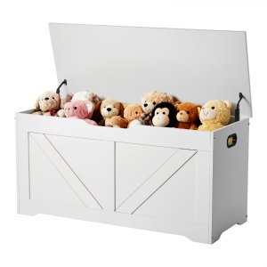 Oppbevaringsbenk for barn, lekeboks i tre, stort oppbevaringsskap med sikkerhetshengsel, oppbevaringsbenk for småbarn for lekerom, stue eller inngangsparti, enkel montering, 990 x 395 x 480 mm, hvit