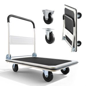 Sammenleggbar skyvetralle, 299 kg lastekapasitet, sammenleggbar plattformvogn med svingbare hjul, bevegelig plattformhåndvogn med flatbed, plassbesparende skyvehåndtak, for enkel oppbevaring, 35,4 x 34,3 x 60,96 cm
